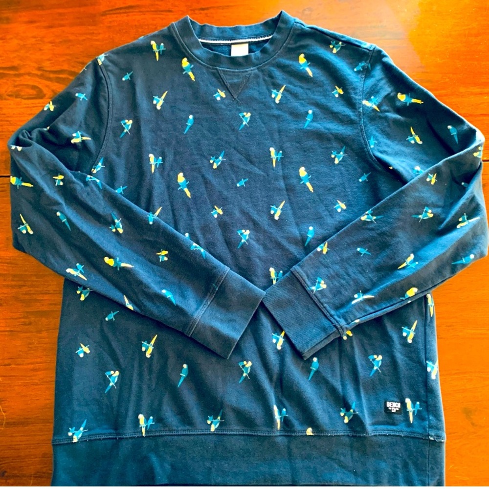 Men’s BENCH Crew Neck Bird Patterned Sweatshirt, Navy, Size XXL
